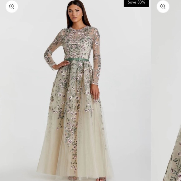 Mac Duggal Sage and Cream Embroidered Tulle Maxi Gown